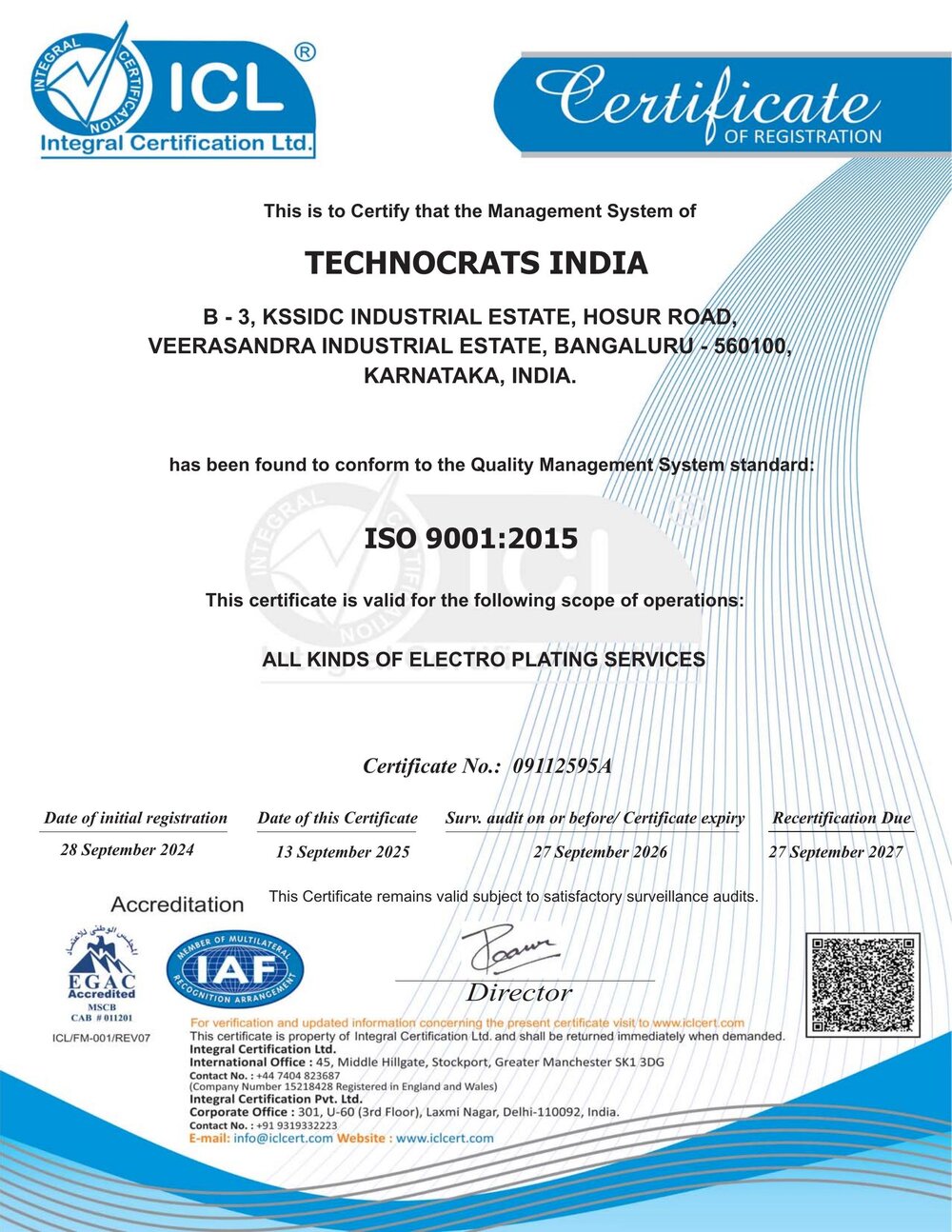 ISO 9001:2015 Certificate — Technocrats India Unit 2